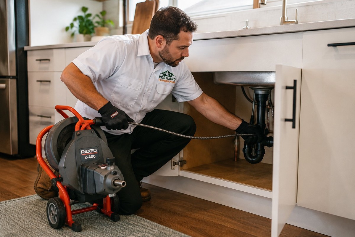 Plumber running a rooter cable to clear a clogged drain in a Portland home