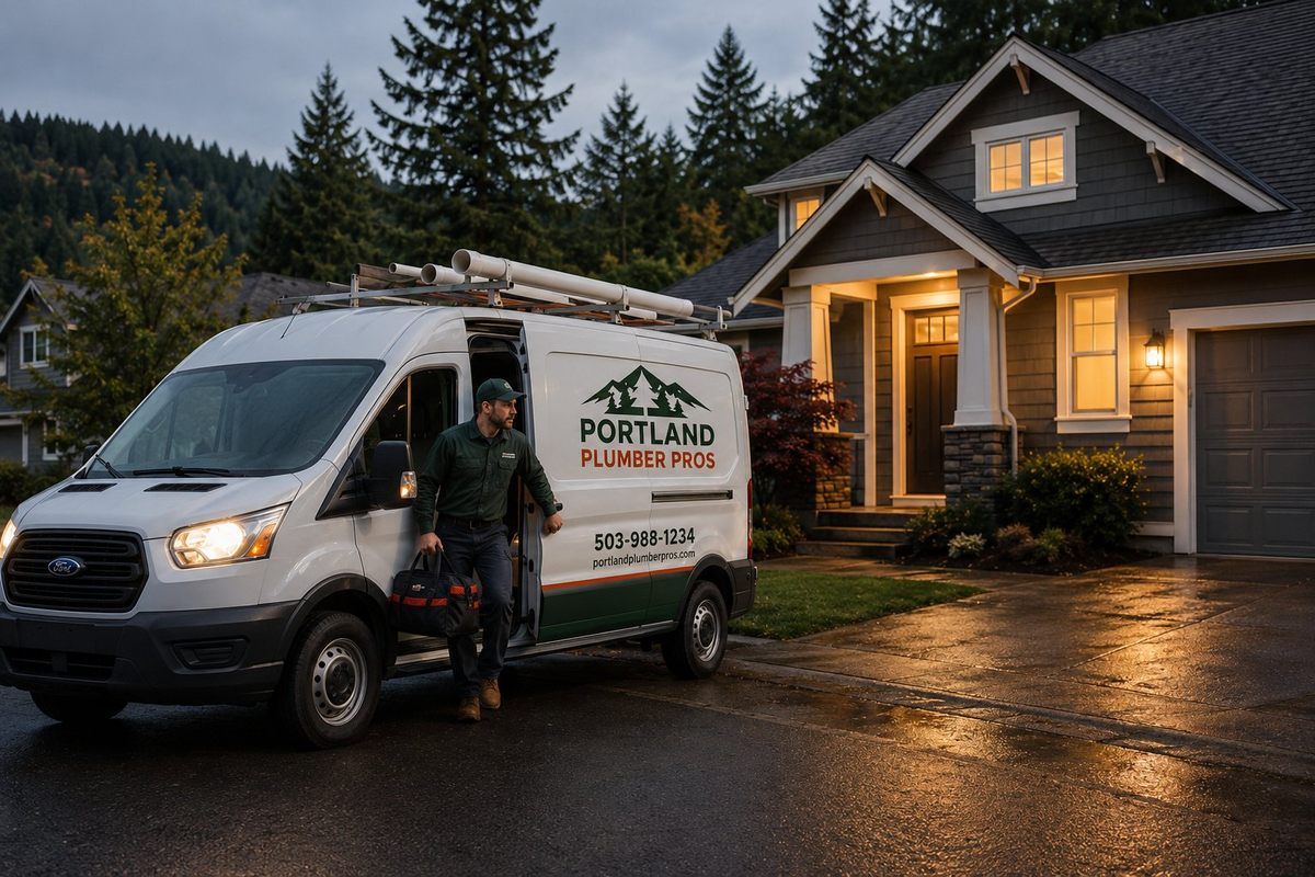 Portland Plumber Pros emergency van outside a Portland home at night