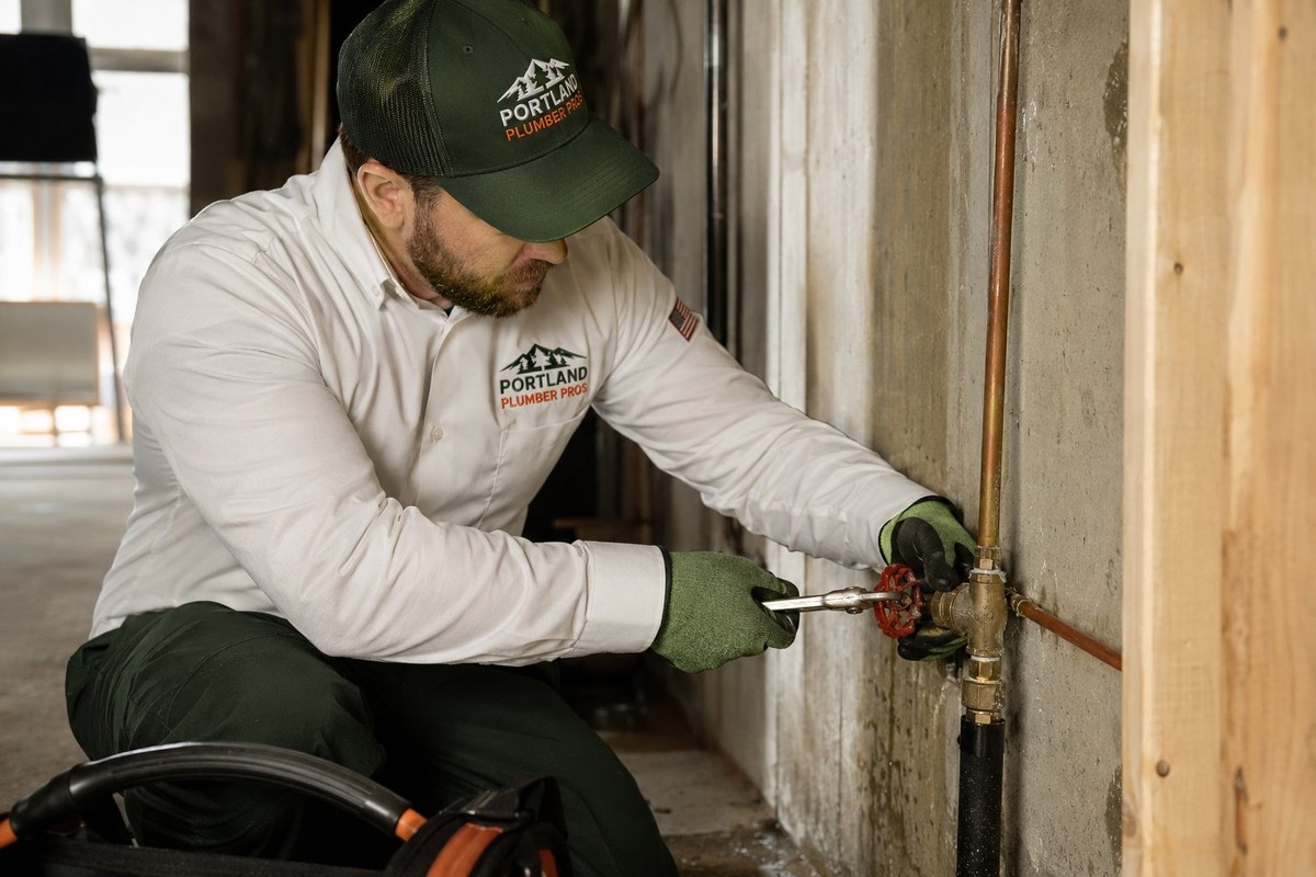 Plumber shutting off a water supply valve during an emergency call in Portland