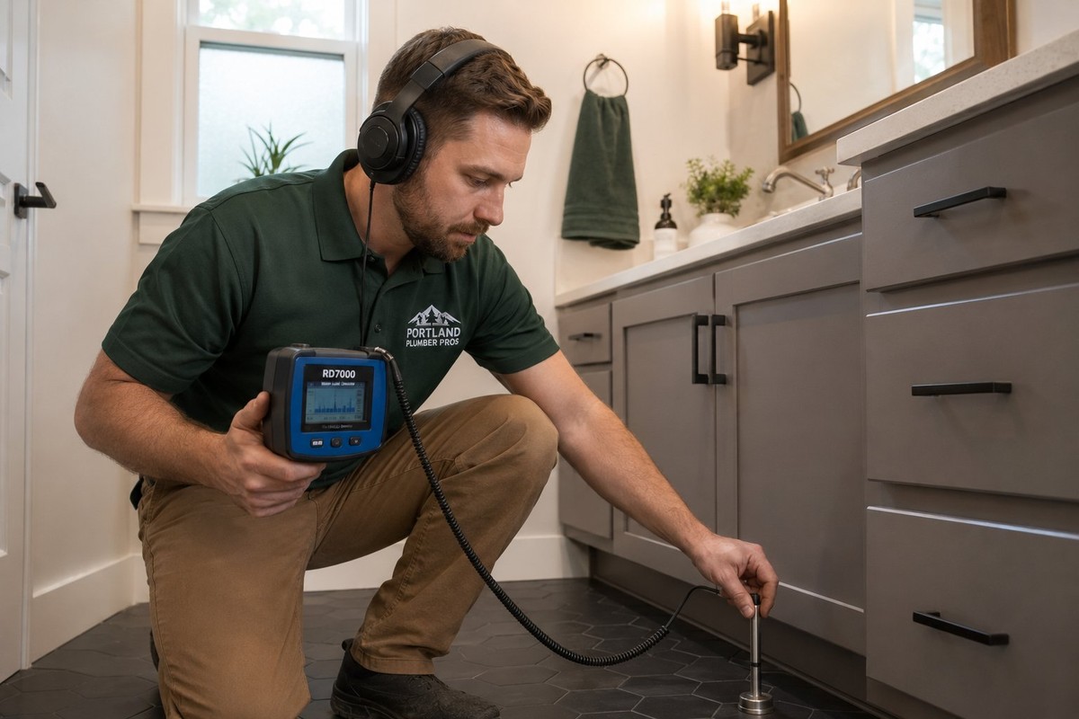 Plumber using acoustic equipment to locate a hidden leak in a Portland home
