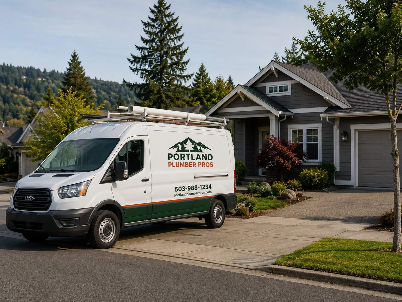 Portland Plumber Pros branded service van parked outside a Portland home