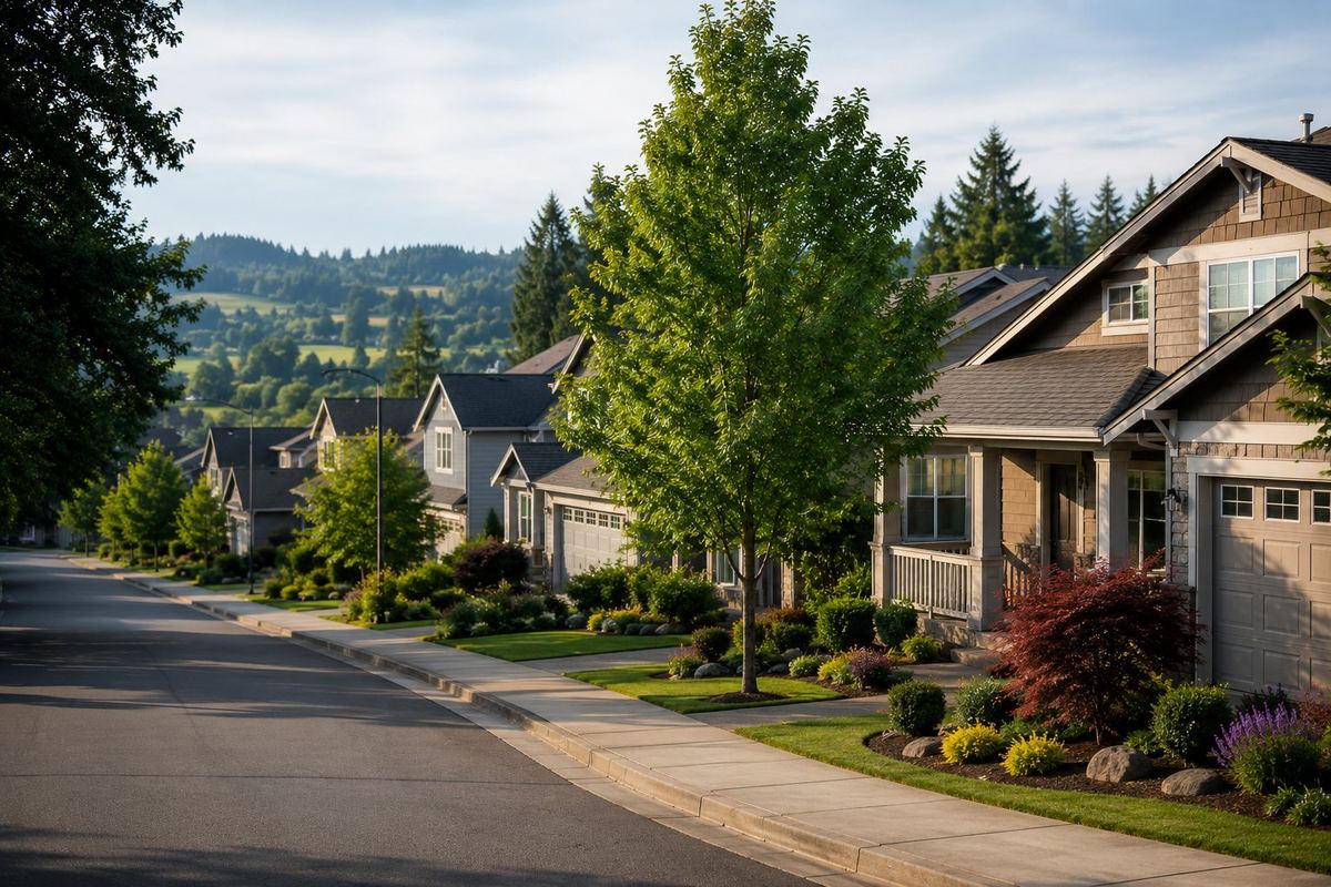 Suburban neighborhood with mature trees in Tigard, Oregon