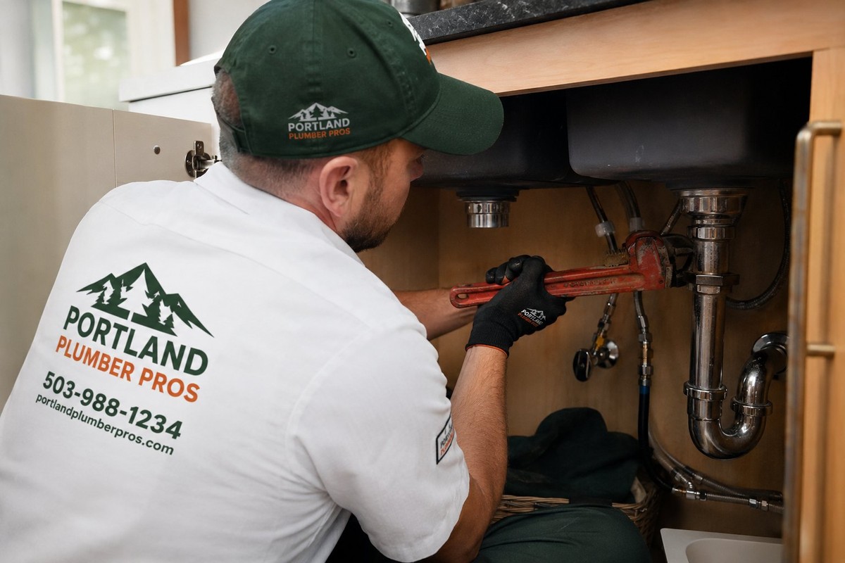 Licensed plumber tightening a fitting under a sink during a repair in Portland