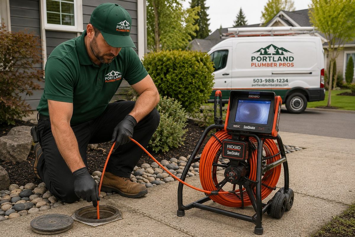 Plumber feeding a sewer camera into a clean-out at a Portland property