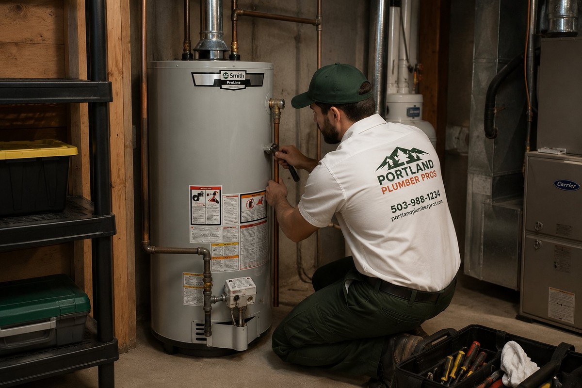 Plumber servicing a residential water heater in a Portland basement